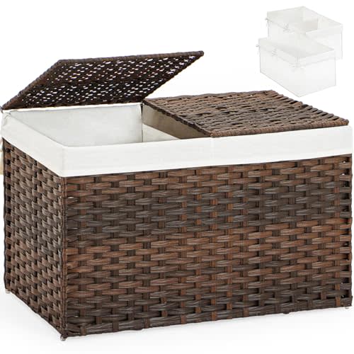 Storage Basket with Lid Wicker Baskets for Storage with 2 Separate Lid 42.3 Gallon (160 L) 29.9 x 17.3 x 18.1 Inches Rattan Woven Large Wicker Basket with 2 Liners for Bedroom Laundry Brown