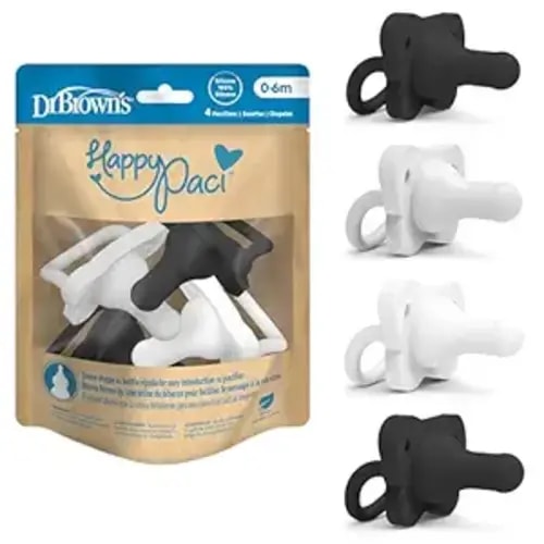 Dr. Brown's HappyPaci 100% Silicone Baby Pacifier, Contoured One-Piece Design, Gray, Black, White, 0-6m, BPA-Free, 4-Pack