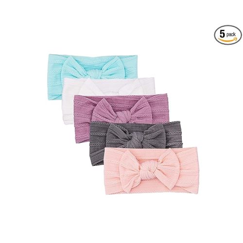 Parker Baby Cable Knit Nylon Headbands 5 Pack | Soft, Stretchy & Comfortable Bows for Girls | Adjustable, Soft to Touch & Knotted Headbands for Baby Girls | Baby Headwraps for Girls | Multiple Colors