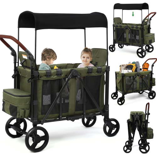 Vomeast Wagon Stroller for 2 Kids, 3-in-1 Stroller Wagon with Canopy, 5-Point Harness, Adjustable Handlebars, Removable Seat for Toddlers, Green
