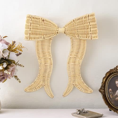 Wesiti Rattan Bow Wall Decoration Beige Boho Bow Wall Decor Woven Natural Hanging Woven Decor for Nursery Bedroom Home Farmhouse Decorations Weddings Housewarming Gifts