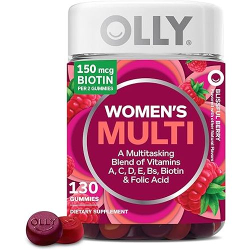 OLLY Women's Daily Multivitamin Gummy, Vitamins A, D, C, E, Biotin, Folic Acid, Adult Chewable Vitamin, Berry Flavor, 65 Day Supply - 130 Count
