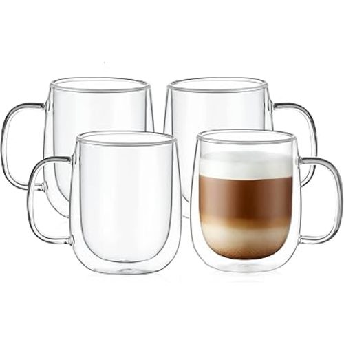 CNGLASS Large Double Wall Glass Coffee Mug 15.2oz,Clear Insulated Glass Espresso Cup with Big Handle,Clear Glass Espresso Mugs for Latte,Cappuccino,Tea Bag,Hot and Cold Beverages,set of 4