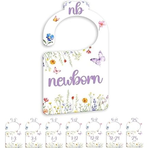 Watercolor Wildflowers Baby Closet Dividers for Nursery Closet Organizer, Newborn to 24 Months Size Clothes, Purple Butterfly Hangers with Size Dividers, Double Sided