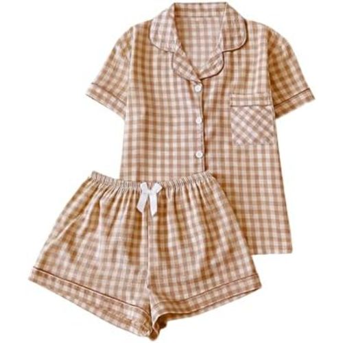 Verdusa Women's Plaid 2 Piece Cute Pajama Sets Short Sleeve Button Down Shirts with Shorts Loungewear