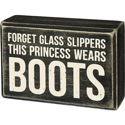 Primitives by Kathy This Princess Wears Boots Box Sign 4.5x3 inches,Black/ White