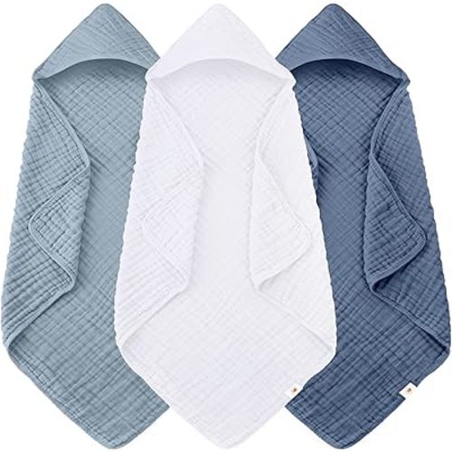 Sunny zzzZZ Muslin Hooded Baby Bath Towels - 3 Pack 100% Cotton Soft Low-Saturation Pastel Towels Including Classic White for Newborns, Infants, Toddlers - 32x32 Inch - Light Navy and White