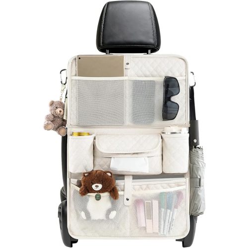 Car Backseat Organizer with Foldable Table Tray - 11 Storage Pockets PU Leather Back Seat Organizer with Tablet Holder, Seat Back Protector for Kids Family Road Trip Travel Accessories (Beige)