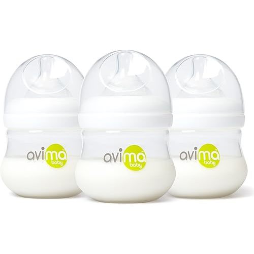 Avima Baby 4 oz Anti Colic Baby Bottles for Breastfed Babies - Slow Flow Nipples, Wide Neck Bottle, BPA Free - Newborn 0-3 Months, Stage 1 (Set of 3)