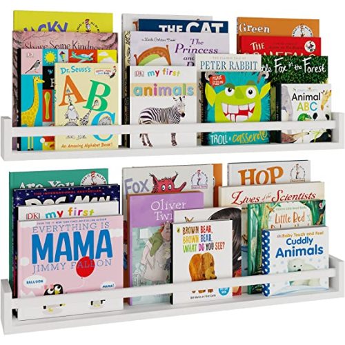 Wallniture Utah 32" White Nursery Bookshelves Wall Mounted, Wood Floating Book Shelves for Kids Room Set of 2