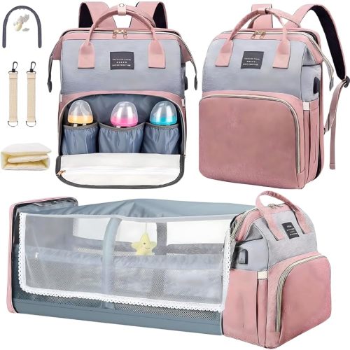 Baby Diaper Bag With Changing Station, Travel Waterproof Diaper Bagpack For Mom Dad With USB Charging Port, Large Capacity & Multifunctional With Insulated Pacifier Case - Pink