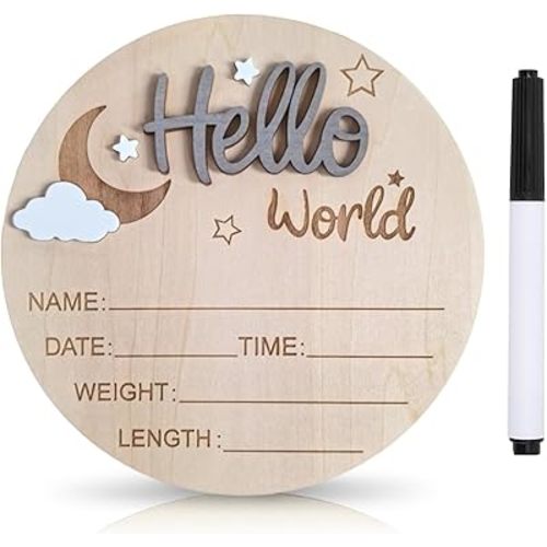Letrero de anuncio de bebé, letreros de madera de 5.9 pulgadas de Hello World, letrero de anuncio de nacimiento y bolígrafo, decoración de luna y nube blanca, bienvenida recién nacido llegada al mundo