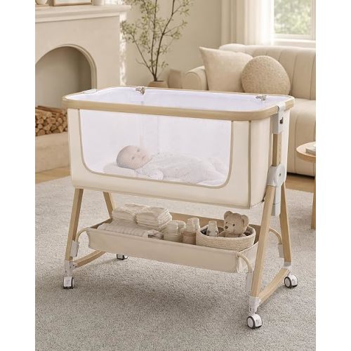 JevrJeur Baby Bassinet, Adjustable Height Bedside Bassinet for Baby