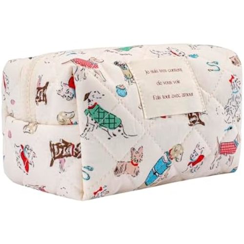 Mini Size Quilted Cotton Makeup bag Cute Animal Cosmetic bag,Cotton Aesthetic Makeup Bag Large Capacity Travel Toiletry Bag for Women and Girls(Mini Puppy)