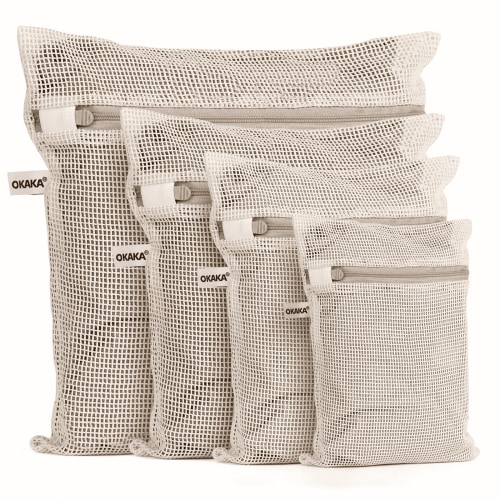Okaka, 100% Cotton Mesh Laundry Bags, Set of 4, Different Sizes