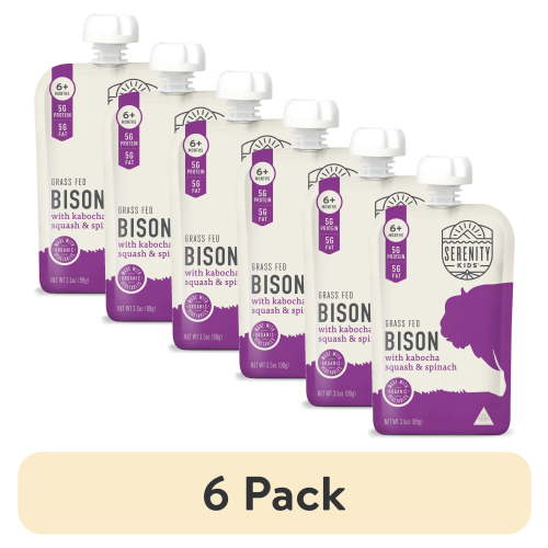 (6 pack) Serenity Kids Bison Stage 2 Baby Food with Kabocha Squash and Spinach, 3.5 oz Pouch