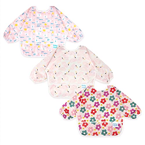 3 Pcs Long Sleeved Bib Set|Baby Waterproof Bibs with Pocket Bundle|Toddler Bib with Sleeves|Stain Resistance Smock 6-24 Month