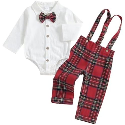 Fall Outfit Newborn Baby Boy Gentleman Long Sleeve Bow Tie Romper Plaid Suspender Pants 2Pcs Christmas Clothes Set