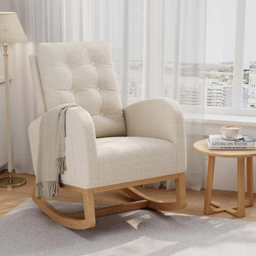 Modern Rocking Chair for Living Room, Comfortable Recliner Rocker with Side Pocket, Soft Linen Upholstered Glider Chair,Comfortable Glider Rocking Chair for Bedroom, Nursery