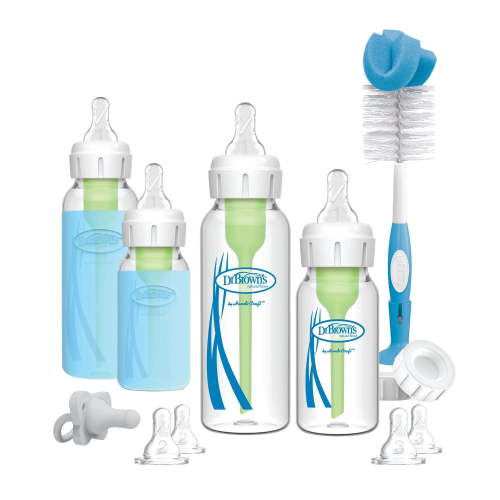 Dr. Brown's Natural Flow Anti-Colic Options+ Narrow Glass Baby Bottle Starter Set with Silicone Glass Bottle, Baby Bottle Brush and Soft 100% Silicone HappyPaci Pacifier for Newborns - Walmart.ca