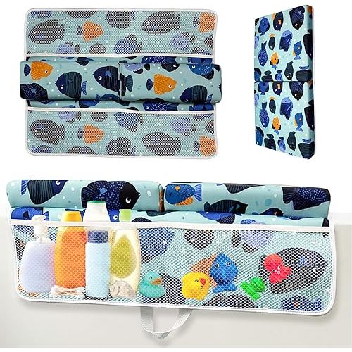 TubbieBuddies Bath Kneeler and Elbow Rest Pad Set – Fish-Themed Baby Bath Cushion with 4 Large Mesh Storage Pockets – Thick Non-Slip Foam, Suction Cups, & Foldable for Easy Storage