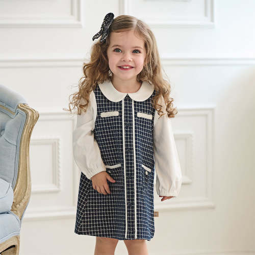 Dave&Bella Toddler Girls Navy Blue Plaid Sweet Fake Two-Piece Dress