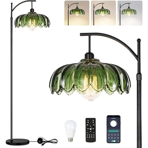 QIYIZM Gold Floor Lamp for Living Room,Bedroom,Standing Lamp with Remote Dimmable Brass Tall Lamp Vintage Retro Mid Century Modern Floor Lamps Arc Green Glass Flower Lamp Floor Light Boho Bohemian