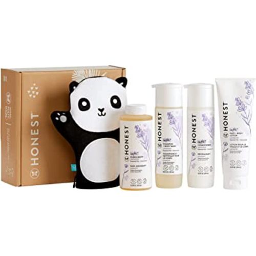 The Honest Company Lavender Bathtime Essentials Bundle | Shampoo + Body Wash, Conditioner, Face + Body Lotion, Bubble Bath, Panda Bath Mitt | Naturally Derived, Tear-free, Hypoallergenic