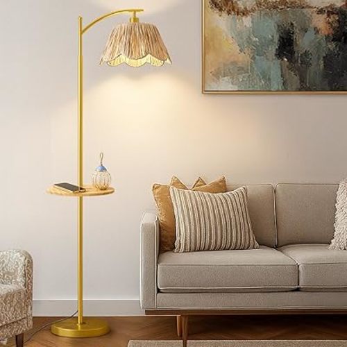 Oneach Floor Lamp with Table for Bedroom, Boho Standing Lamps with Foot Switch, Farmhouse Floor Lamp for Living Room, Arc Rattan Lamps with Gold Metal Base & Pole, Ideal for Home Décor