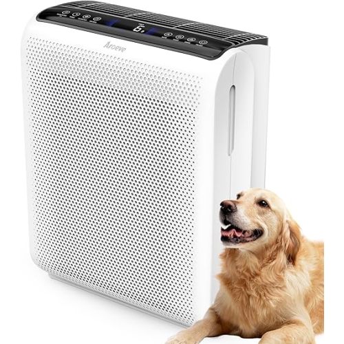 AROEVE Air Purifiers for Bedroom Home Large Room Up to 1504 Ft², 5 Layer Filter for Smoke Pollen Allergies Pet Dander Odor, Air Quality Monitor, Sleep Mode, Timer for Office, Dorm, Kitchen, MK07 White