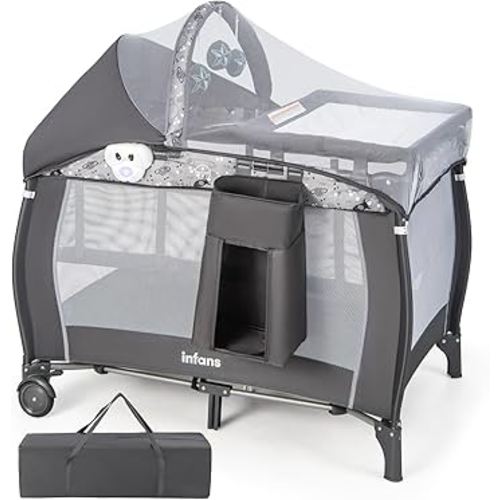 INFANS 4 in 1 Pack and Play, Portable Travel Baby Playard with Bassinet, Changing Table, Canopy, Mosquito Net, Hanging Toys, Music Box, Storage Bag, Large Playpen from Newborn to Toddlers (Grey)