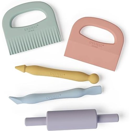 Inspire My Play Playdough Set for Kids - Set of 5 Playdough Accessories - Play Dough Tools - Rolling Pin, Crinkle Cutter, Straight Cutter, Stylus Tool and Sculpting Tool