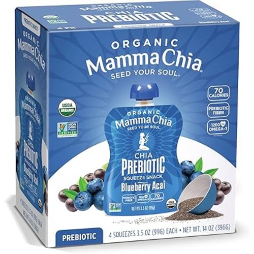 Mamma Chia Organic Prebiotic Squeeze Snack, Blueberry Acai, Fiber-Rich Prebiotic Gut Support, USDA Certified Organic, Non-GMO, Vegan, Gluten Free, 14 Ounce (Pack of 6)