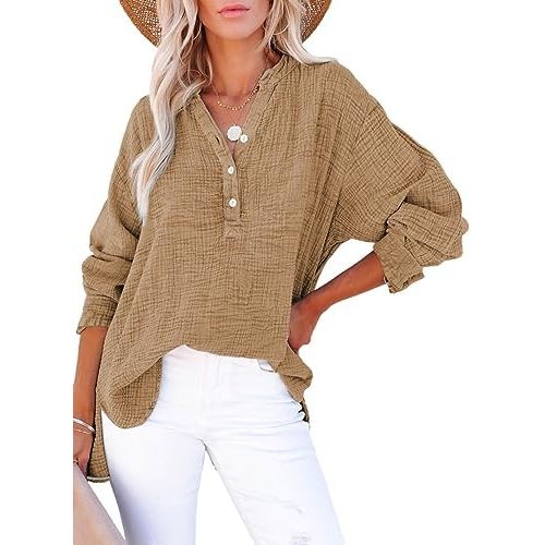Dokotoo Long Sleeve Shirts for Women Casual V Neck Oversized Blouses Tops