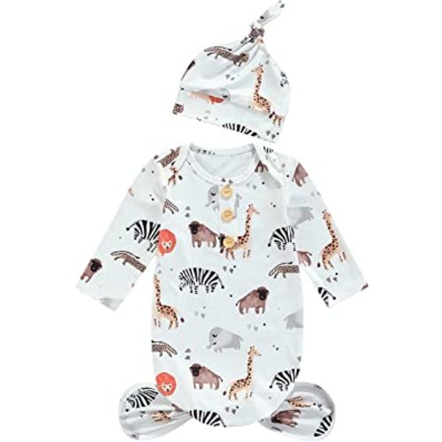 Tsseiatte Newborn Baby Boy Girl Knotted Gowns Long Sleeve Printed Sleeping Bag Coming Home Outfit Nightgown Pajamas Hat Set