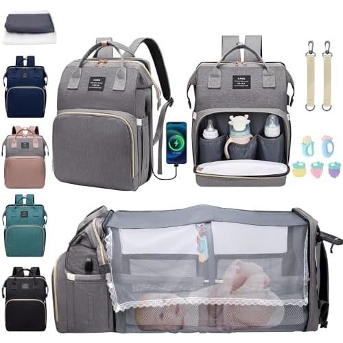 SlowTon Diaper Bag - Baby Bag Converts into Crib with Changing Pad and Tote Nappy Bag - 35L Large Waterproof Diaper Backpack - Insulated Travel Maternity Bags with USB for Mom Dad