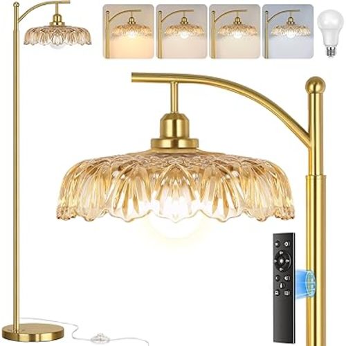 Gold Floor Lamp for Living Room, Dimmable Mid Century Modern Standing Lamp with Remote Control and Amber Glass Shade, 68" Tall Lamp for Bedroom, Vintage Retro Antique Glass Flower Lamp, Brushed Gold