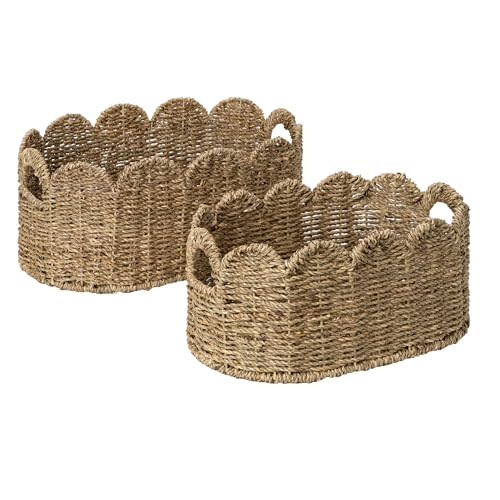 StorageWorks Scalloped Wicker Basket, Hand-woven Rattan Baskets with Built-in Handles, Cute Baby Basket for Nursery, Seagrass Baskets for Organizing and Decor, 2 Pack