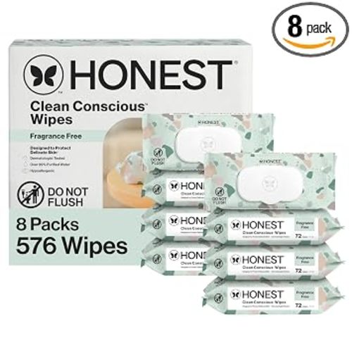 The Honest Company Baby Wipes for Sensitive Skin, Hypoallergenic, Fragrance-Free, Multi-Use, Geo Mood Design, 576 Count (8 Packs of 72)