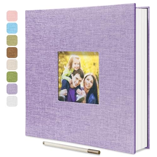 Large Photo Album Self Adhesive with Picture Display Window, DIY Scrapbook Album for 4x6 8x10 Pictures, 40 Pages Light Purple Linen Cover Memory Book with Scraper and Metallic Pen