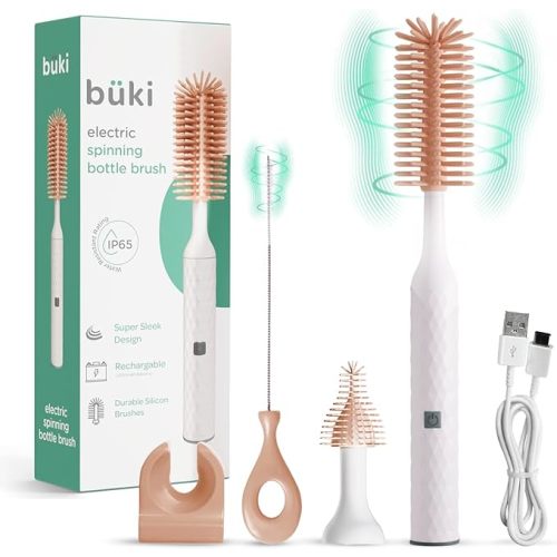 Büki Electric Baby Bottle Cleaning Brush Set - Rechargeable Electric Bottle Brush with Straw Cleaner - Water Bottle Cleaning Kit, Nipple Brush, 1200mAh Brush Cleaner (by Kindersense), Pink - Pink/White
