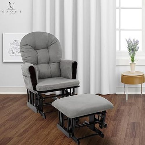 Naomi Home Brisbane Glider and Ottoman Set with Smooth Rocking & Gliding Motion, Ergonomic High-Back Support, Cushioned Armrests, Solid Wood Base, Storage Pockets, Espresso/Dark Gray Nursery Chair
