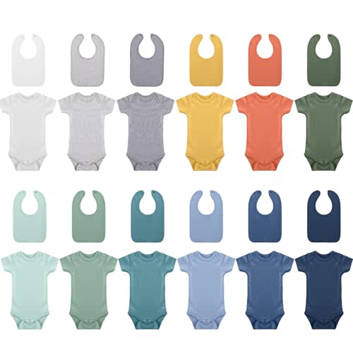 Hillban 24 Pcs Unisex Cotton Short Sleeve Bodysuits Baby Bibs Set for Baby Shower