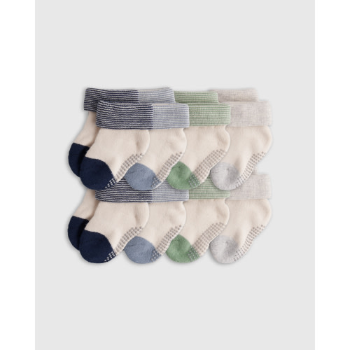 Organic Gripper Fold Over Socks 8-Pack - Baby Boy in Navy/Light Blue/Green/Grey