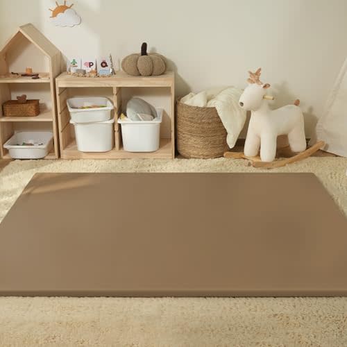 Joypony Vegan Leather Baby Play Mat, Wipe-Clean Play Mat for Floor, 50x50 in Thicken Foam Cushioned & Waterproof Playpen Mats for Infants, Kids and Toddlers, Brown (Memory Foam)