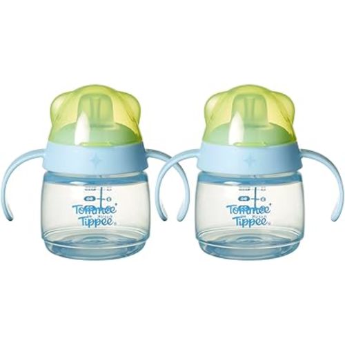 Tommee Tippee Transition Baby Sippy Cup With Spout, Ages 4 Months and Up, 5 oz, Leak-Proof Silicone Spout, Easy Grip Handles, Blue, Pack of 2