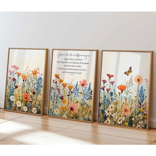 3 Piece Set, Observe Wildflowers, Matthew 6:28-10, Boho Christian Nursery Girls Room Art