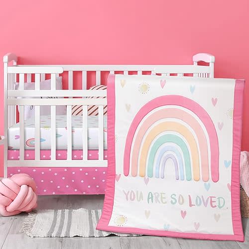 3 Piece Rainbow Boho Crib Bedding Set for Girls Inspirational Quote Pink Baby Crib Bedding Set Standard Size Nursery Bedding Includes Fitted Crib Sheet,Comforter, Crib Skirt