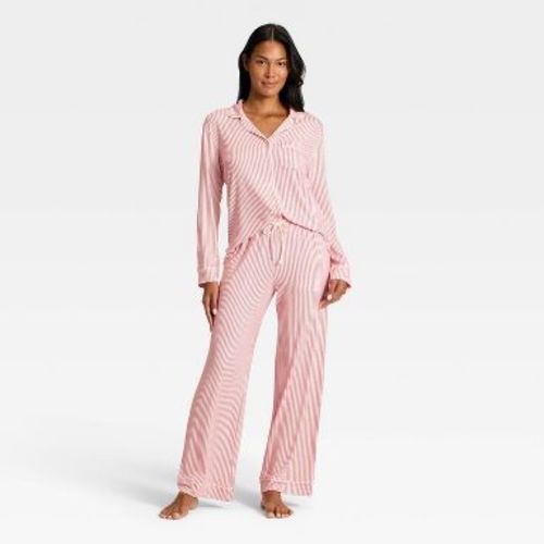 Women's Cloud Knit Modal Long Sleeve Notch Collar Top and Pants Pajama Set - Auden™ Red & White Stripe M