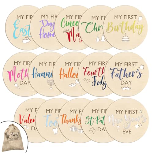 Set of 15 My First... Baby Milestone Wooden Photo Discs | 15 Wood Discs with Gift Bag for Holiday Milestones